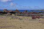 Moais derrubados em Akahanga, sítio arqueológico em Rapa Nui (ou Ilha de Páscoa), território chileno no meio do Oceano Pacífico